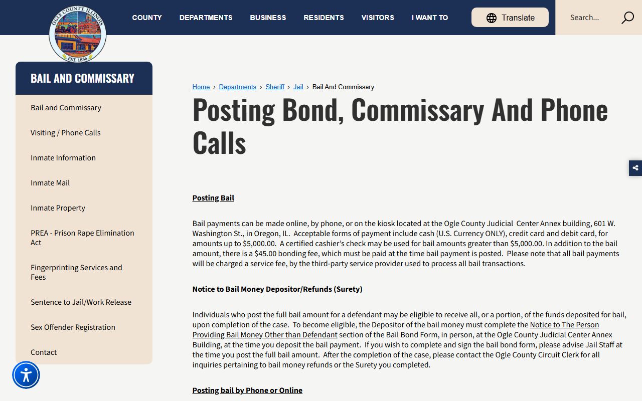 Ogle County Jail bond and commissary page with Access Corrections deposit instructions