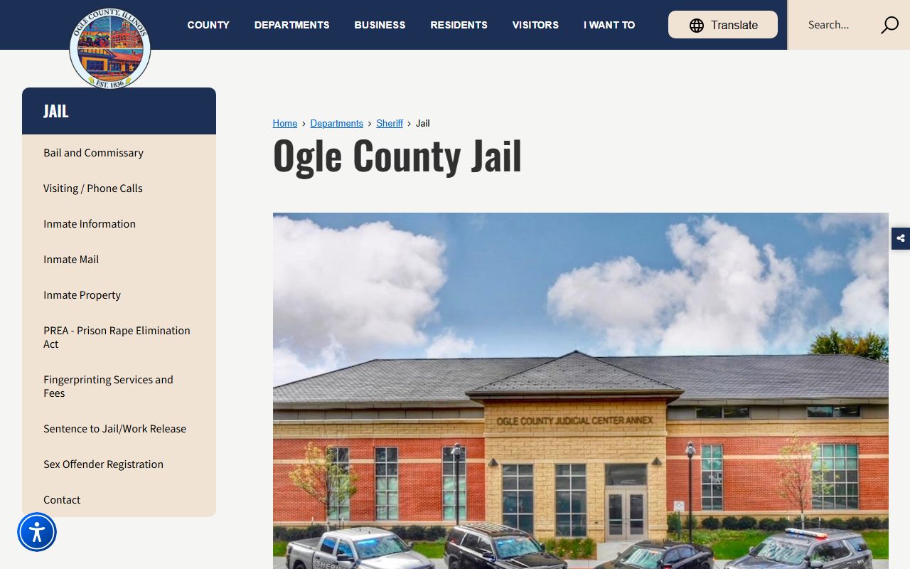 Ogle County Jail page showing the facility address, phone, and jail administrator for inmate lookups