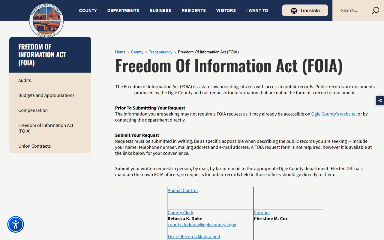 Ogle County FOIA page used to request an Ogle County jail booking photo or arrest record