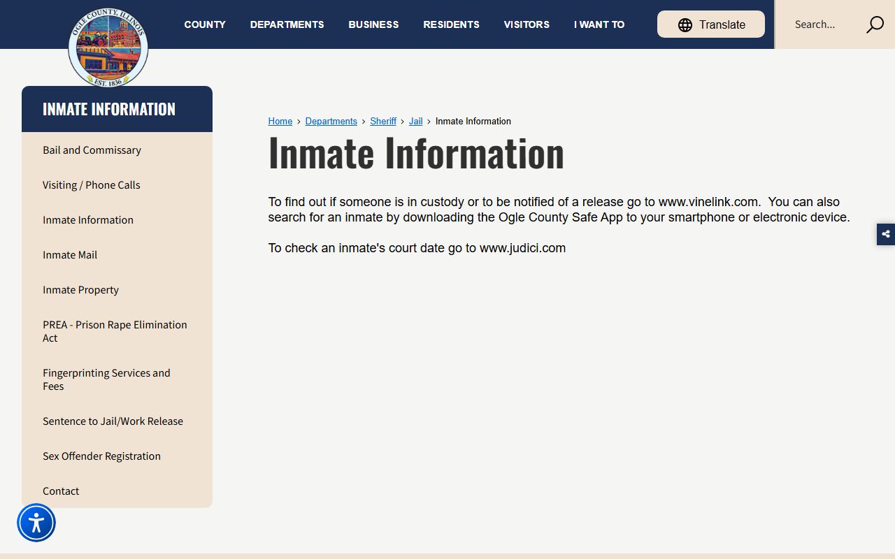 Ogle County inmate information page routing jail roster lookups to VINELink and the Ogle Safe app