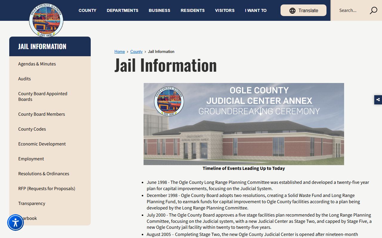 Ogle County Jail information page describing the Judicial Center Annex inmate population project