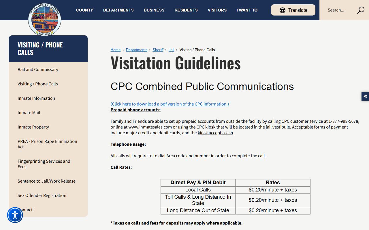 Ogle County Jail visiting hours and phone setup page for inmates